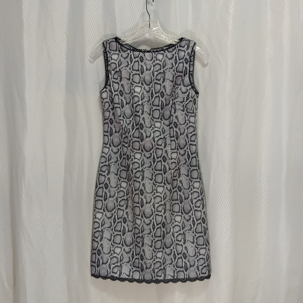 CDC Petites Sleeveless Sheath Dress, Grey/Black Reptile Print with Lace, Size 6